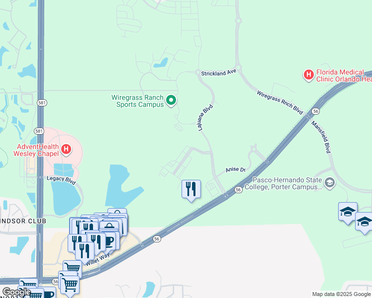 map of restaurants, bars, coffee shops, grocery stores, and more near 2752 Nature Walk in Wesley Chapel