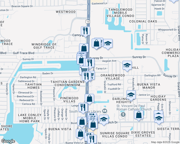 map of restaurants, bars, coffee shops, grocery stores, and more near 2501-2549 State Highway 55 in Holiday