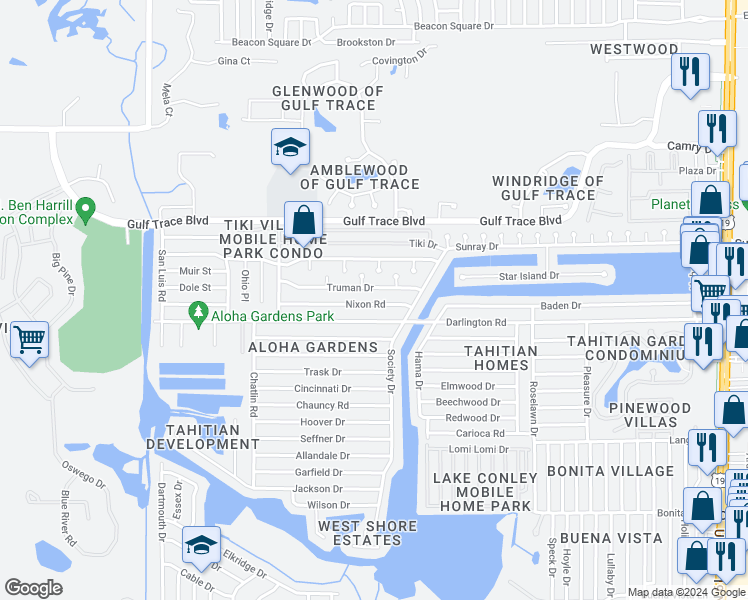 map of restaurants, bars, coffee shops, grocery stores, and more near 3545 Nixon Road in Holiday