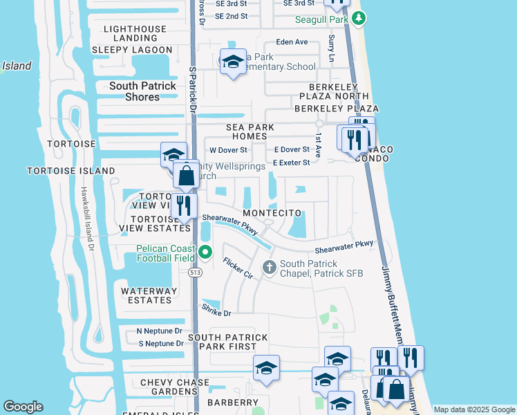 map of restaurants, bars, coffee shops, grocery stores, and more near 768 Monterey Drive in Satellite Beach