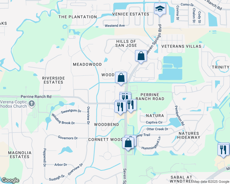map of restaurants, bars, coffee shops, grocery stores, and more near 2519 Ranchside Terrace in New Port Richey