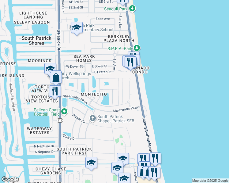 map of restaurants, bars, coffee shops, grocery stores, and more near 50 Hibiscus Avenue in Satellite Beach