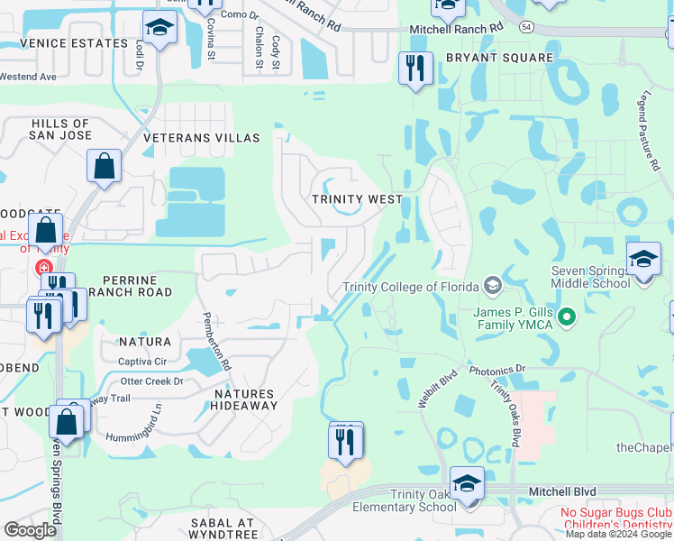 map of restaurants, bars, coffee shops, grocery stores, and more near 2534 Maylin Drive in New Port Richey