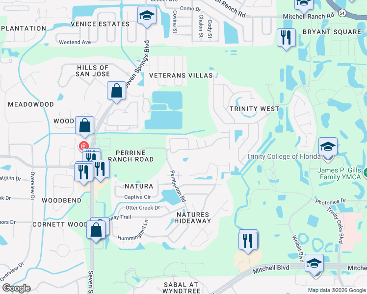 map of restaurants, bars, coffee shops, grocery stores, and more near 7451 Wimpole Drive in New Port Richey