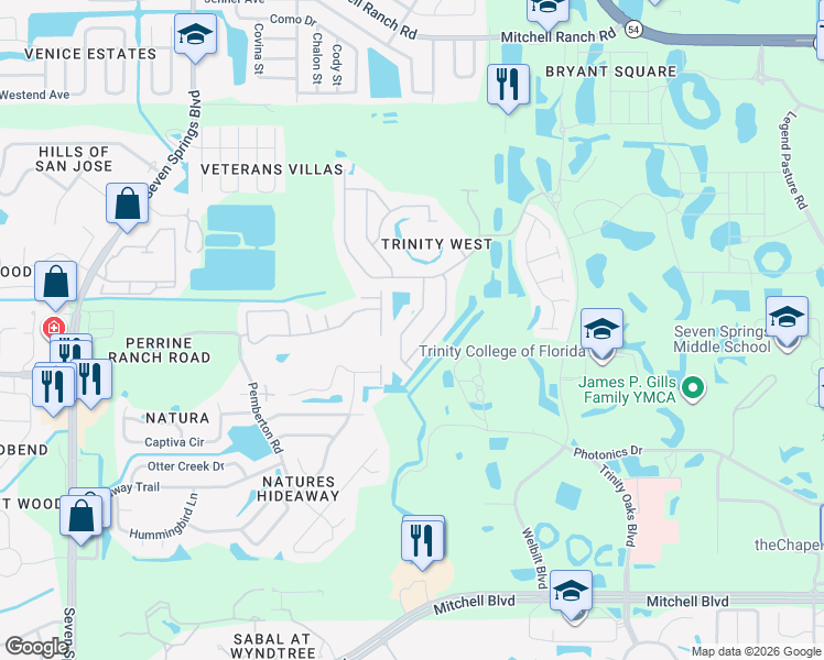 map of restaurants, bars, coffee shops, grocery stores, and more near 2534 Maylin Drive in Trinity