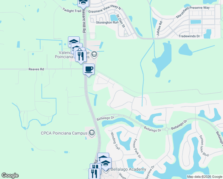 map of restaurants, bars, coffee shops, grocery stores, and more near 3011 Agostino Terrace in Kissimmee