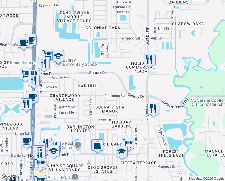 map of restaurants, bars, coffee shops, grocery stores, and more near 5226 Forum Boulevard in Holiday