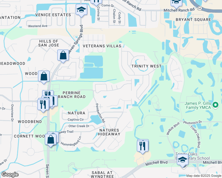 map of restaurants, bars, coffee shops, grocery stores, and more near 2533 Stanhope Drive in New Port Richey