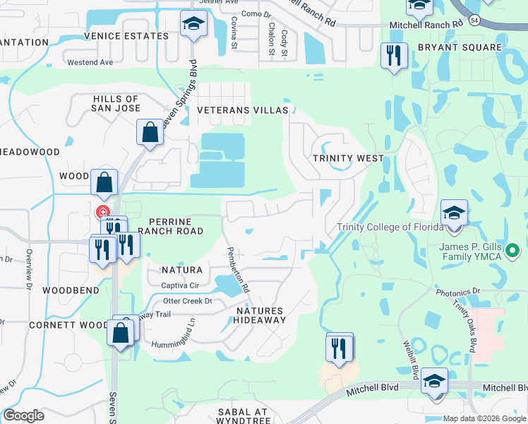 map of restaurants, bars, coffee shops, grocery stores, and more near 2533 Stanhope Drive in New Port Richey