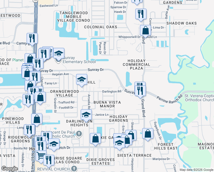 map of restaurants, bars, coffee shops, grocery stores, and more near 5119 Darlington Road in Holiday