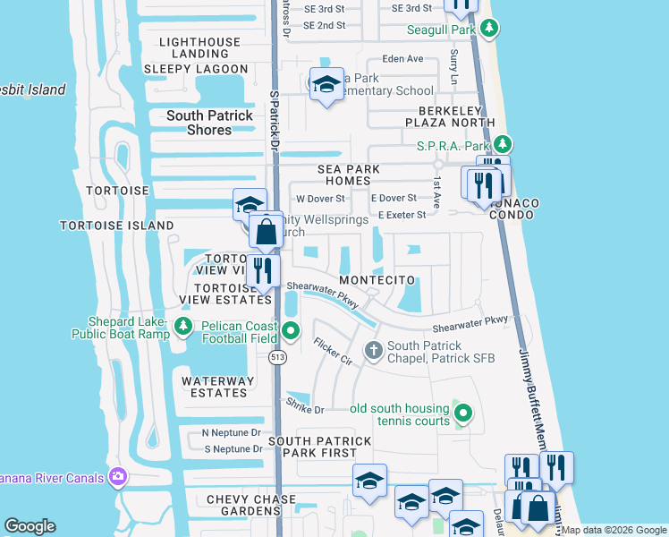 map of restaurants, bars, coffee shops, grocery stores, and more near 359 Montecito Drive in Satellite Beach