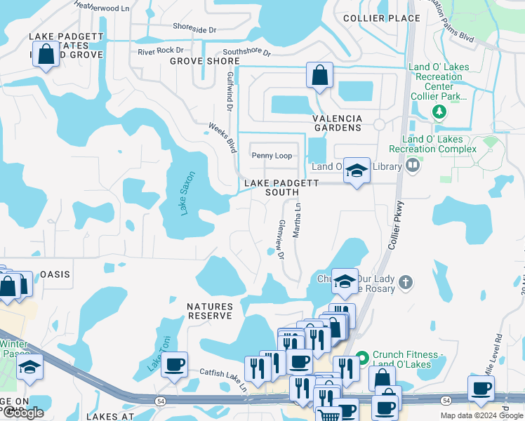 map of restaurants, bars, coffee shops, grocery stores, and more near 2705 Kristi Court in Land O' Lakes