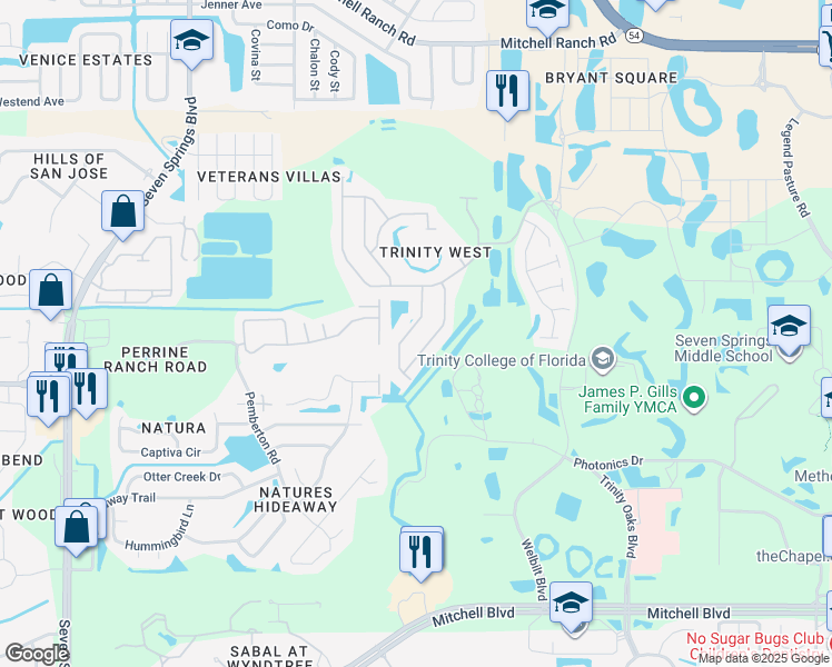 map of restaurants, bars, coffee shops, grocery stores, and more near 2542 Maylin Drive in New Port Richey
