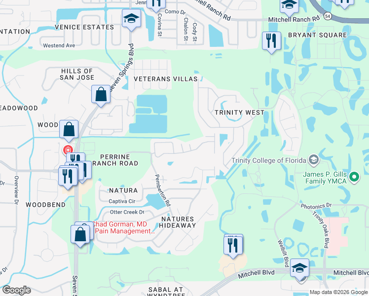 map of restaurants, bars, coffee shops, grocery stores, and more near 2536 Stanhope Drive in New Port Richey