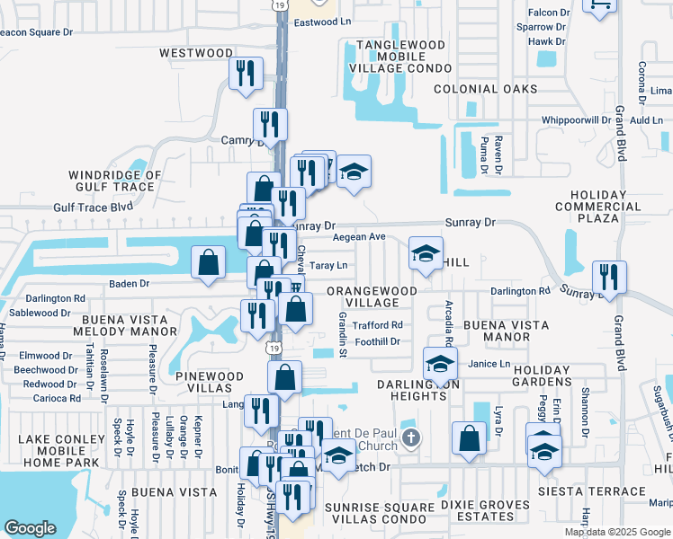 map of restaurants, bars, coffee shops, grocery stores, and more near 4646 Tropical Lane in Holiday