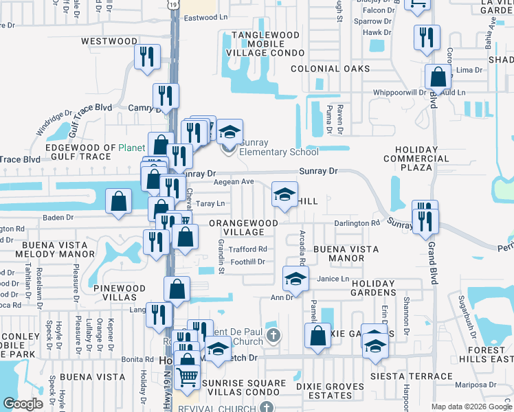 map of restaurants, bars, coffee shops, grocery stores, and more near 2540 Limewood Drive in Holiday