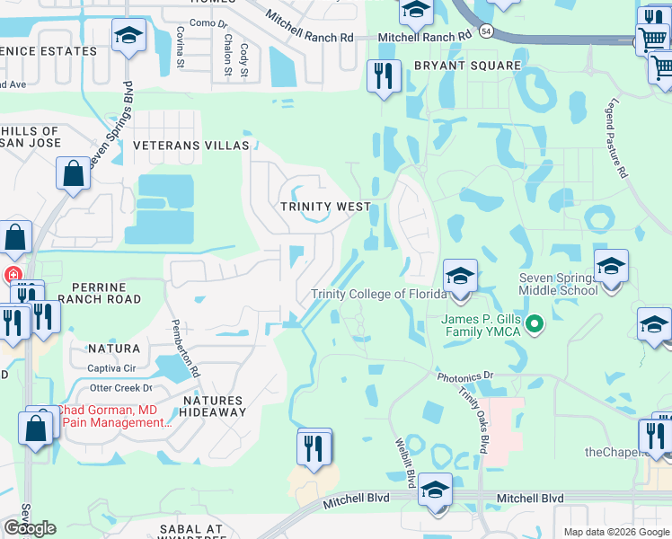 map of restaurants, bars, coffee shops, grocery stores, and more near 2550 Palesta Drive in Trinity
