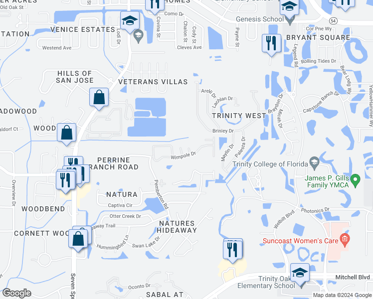 map of restaurants, bars, coffee shops, grocery stores, and more near 2543 Evershot Drive in New Port Richey