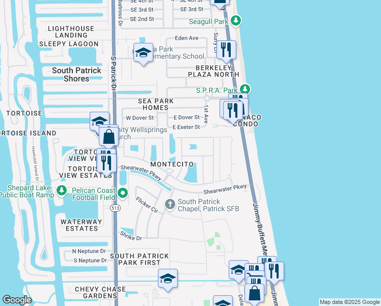 map of restaurants, bars, coffee shops, grocery stores, and more near 113 Redondo Drive in Satellite Beach
