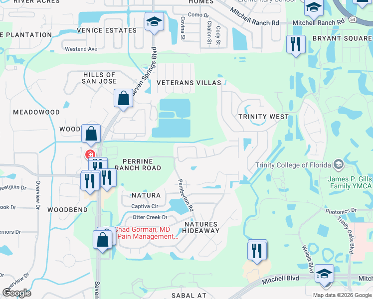 map of restaurants, bars, coffee shops, grocery stores, and more near 2632 Tottenham Drive in New Port Richey