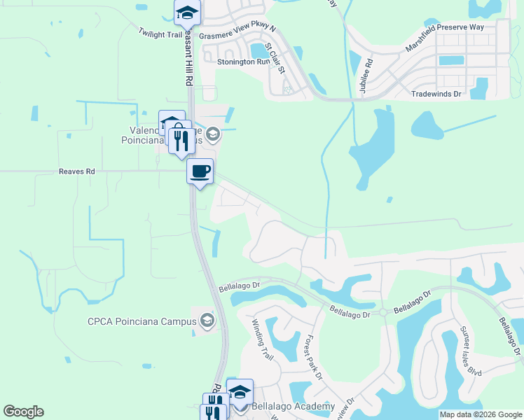 map of restaurants, bars, coffee shops, grocery stores, and more near 2975 Agostino Terrace in Kissimmee