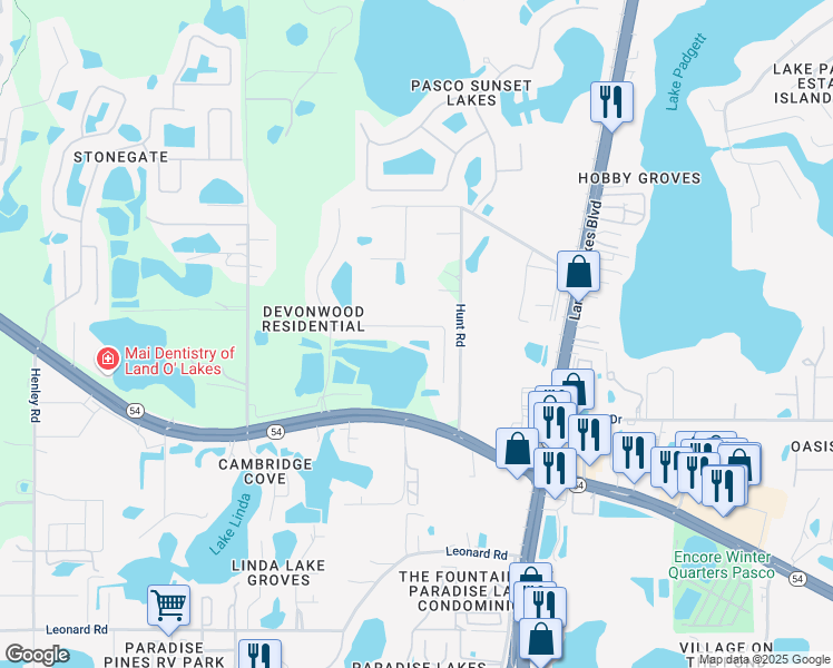 map of restaurants, bars, coffee shops, grocery stores, and more near 20813 Amanda Oak Court in Land O' Lakes