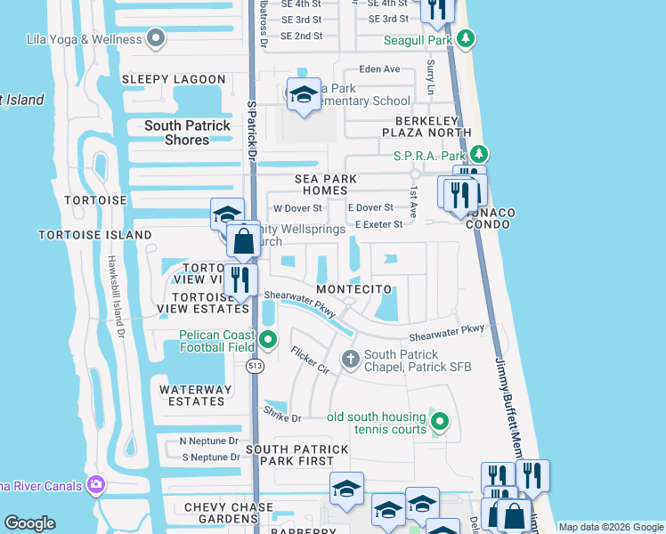 map of restaurants, bars, coffee shops, grocery stores, and more near 658 Monterey Drive in Satellite Beach