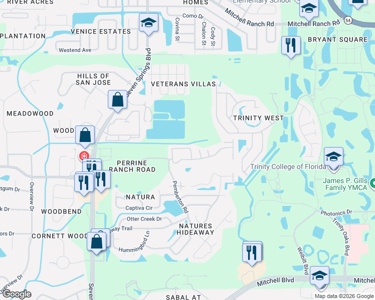 map of restaurants, bars, coffee shops, grocery stores, and more near 2652 Tottenham Drive in New Port Richey
