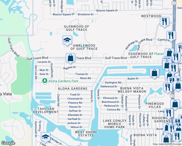 map of restaurants, bars, coffee shops, grocery stores, and more near 2621 Gale Place in Holiday