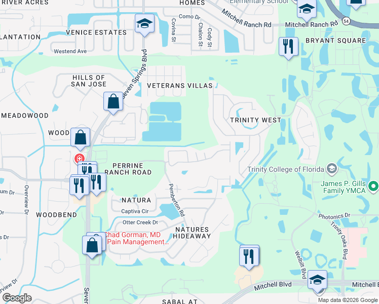 map of restaurants, bars, coffee shops, grocery stores, and more near 2717 Tottenham Drive in New Port Richey