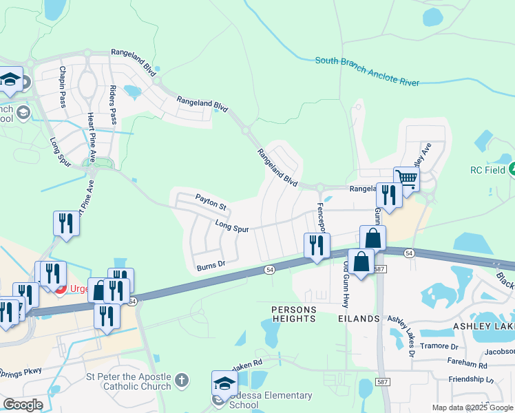 map of restaurants, bars, coffee shops, grocery stores, and more near 2593 Whittler Branch in Odessa