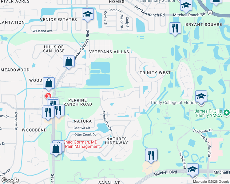 map of restaurants, bars, coffee shops, grocery stores, and more near 2705 Tottenham Drive in New Port Richey