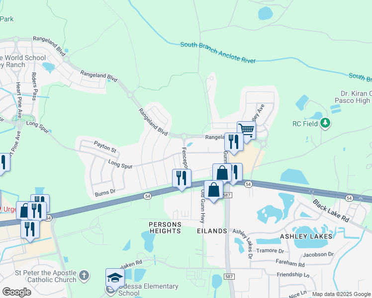 map of restaurants, bars, coffee shops, grocery stores, and more near 2638 Fencepost drive in Odessa