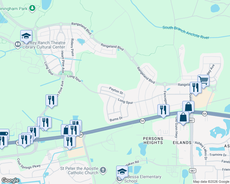 map of restaurants, bars, coffee shops, grocery stores, and more near 12926 Payton Street in Odessa