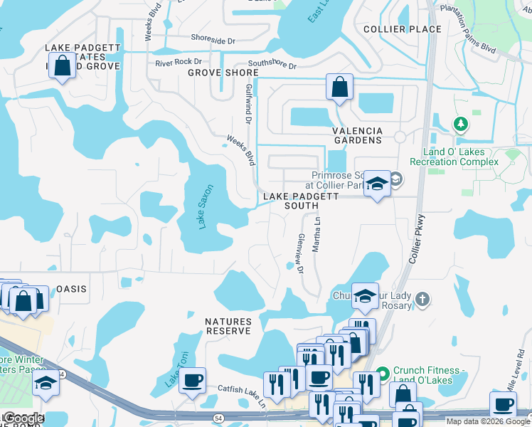 map of restaurants, bars, coffee shops, grocery stores, and more near 2736 Shadecrest Road in Land O' Lakes