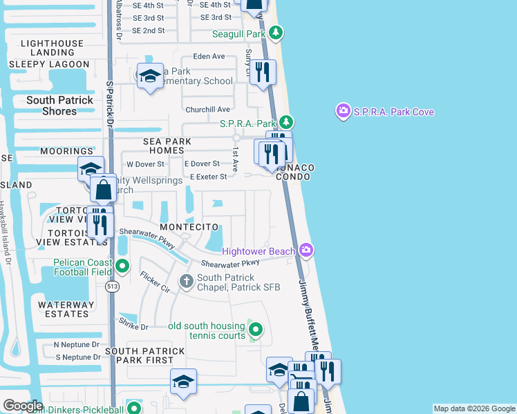 map of restaurants, bars, coffee shops, grocery stores, and more near 96-198 Hibiscus Avenue in Satellite Beach