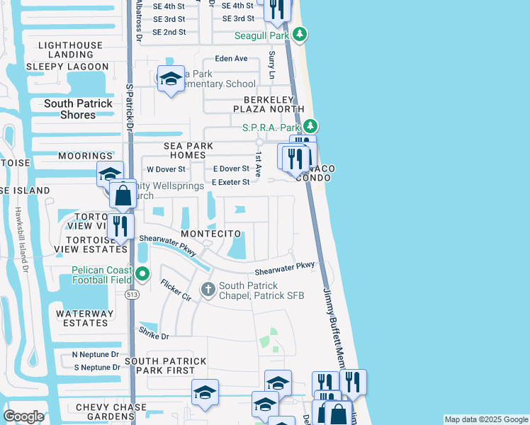 map of restaurants, bars, coffee shops, grocery stores, and more near 678 Carlsbad Drive in Satellite Beach