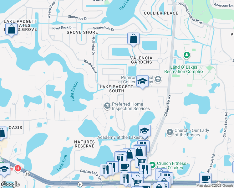 map of restaurants, bars, coffee shops, grocery stores, and more near 2725 Glenview Drive in Land O' Lakes