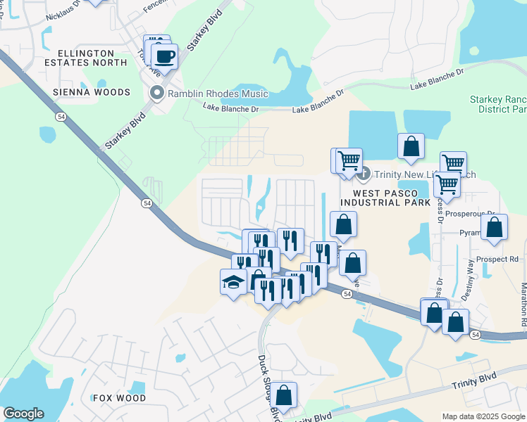 map of restaurants, bars, coffee shops, grocery stores, and more near 2625 Country Place Boulevard in New Port Richey