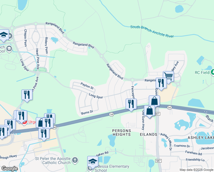 map of restaurants, bars, coffee shops, grocery stores, and more near 2593 Whittler Branch in Odessa