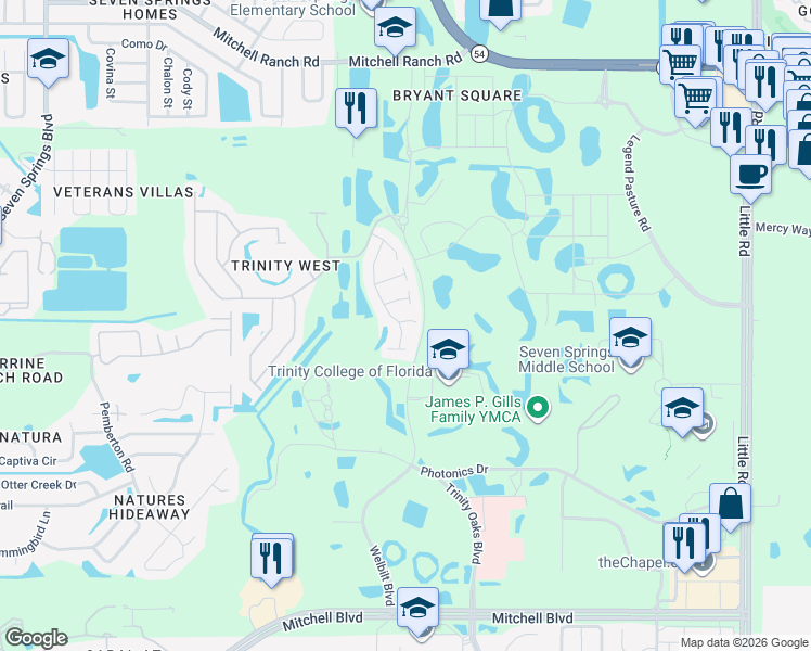 map of restaurants, bars, coffee shops, grocery stores, and more near 2612 Micah Drive in Trinity