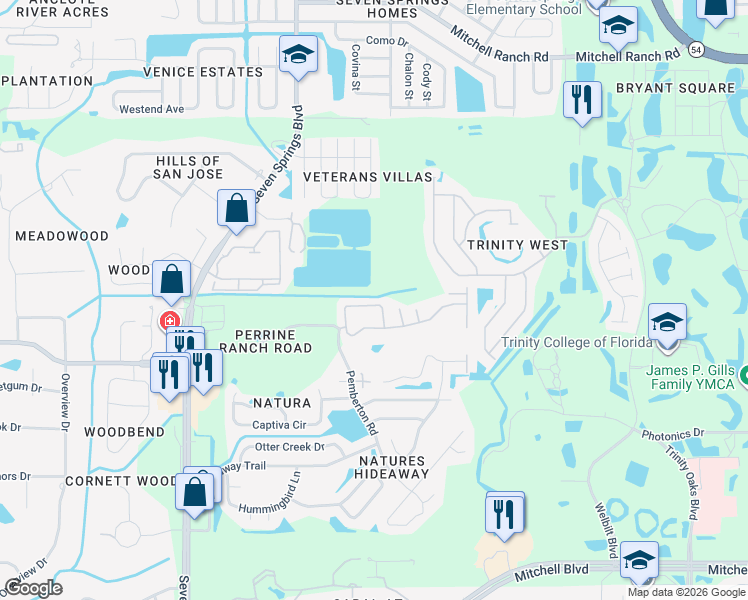 map of restaurants, bars, coffee shops, grocery stores, and more near 2649 Tottenham Drive in New Port Richey