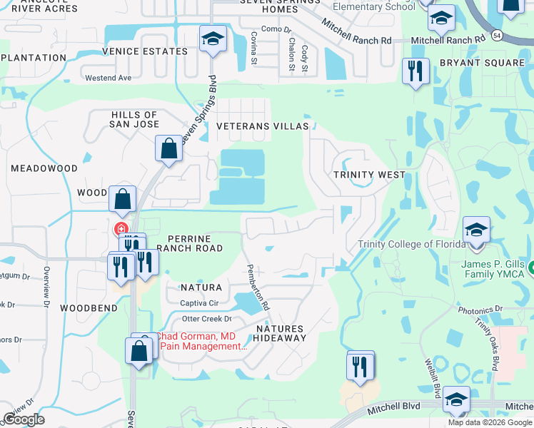 map of restaurants, bars, coffee shops, grocery stores, and more near 2705 Tottenham Drive in New Port Richey
