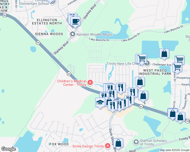 map of restaurants, bars, coffee shops, grocery stores, and more near 2621 Coachlite Drive in New Port Richey