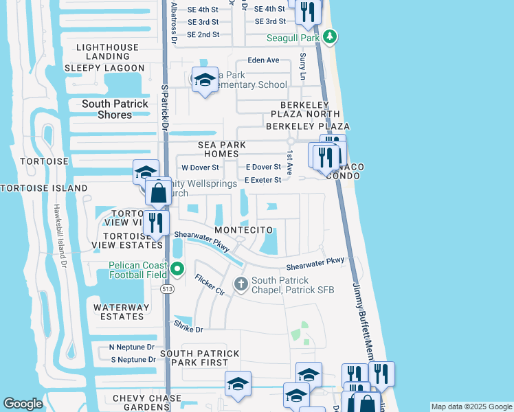 map of restaurants, bars, coffee shops, grocery stores, and more near 708 Ventura Drive in Satellite Beach
