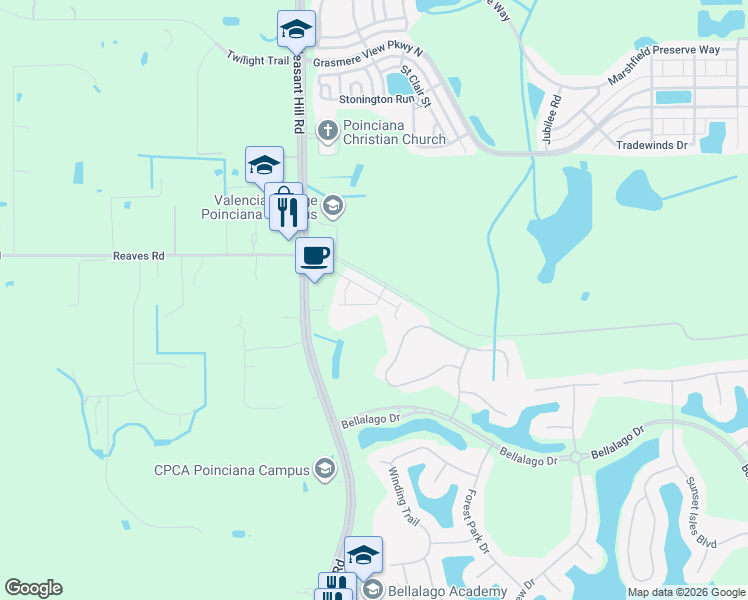 map of restaurants, bars, coffee shops, grocery stores, and more near 3271 Cortana Drive in Kissimmee