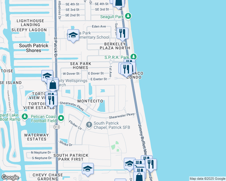 map of restaurants, bars, coffee shops, grocery stores, and more near 678 Carlsbad Drive in Satellite Beach