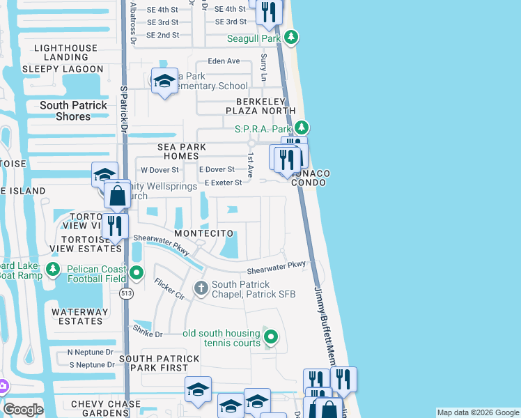 map of restaurants, bars, coffee shops, grocery stores, and more near 676 Carlsbad Drive in Satellite Beach