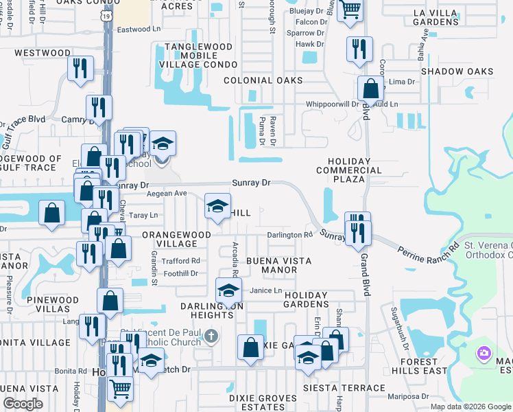 map of restaurants, bars, coffee shops, grocery stores, and more near 2627 Charlan Court in Holiday