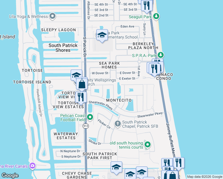 map of restaurants, bars, coffee shops, grocery stores, and more near 658 Monterey Drive in Satellite Beach